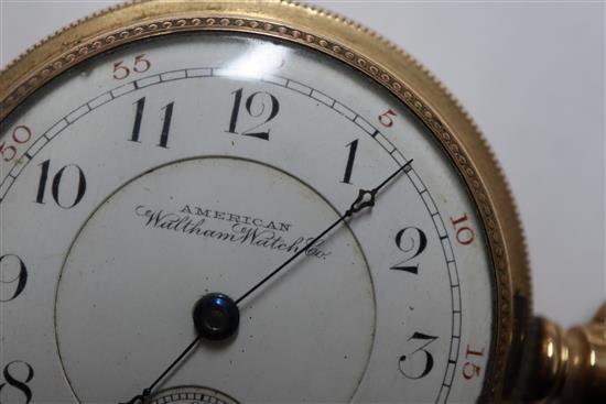 A 19th century engine turned gold plated Waltham hunter keyless pocket watch.